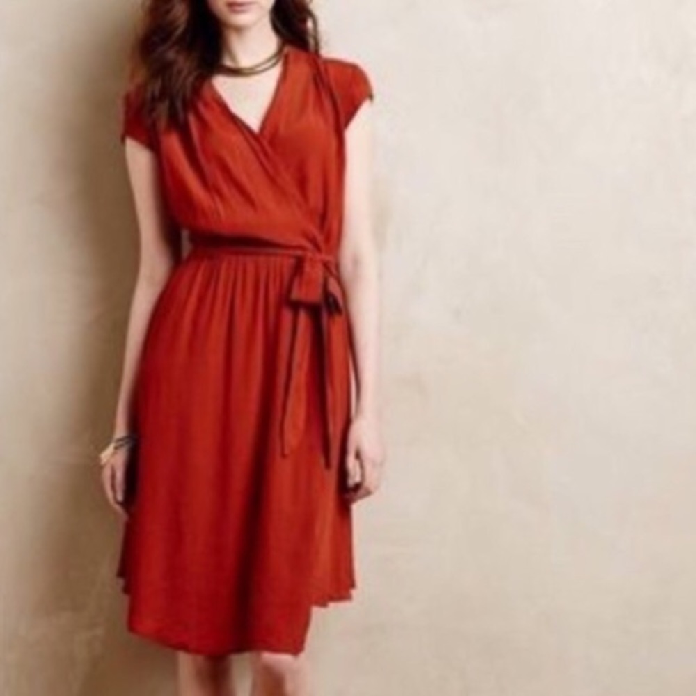 Anthropologie burnt orange faux wrap dress